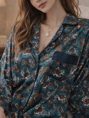 Vintage 90s Silky Paisley Pajama Top Teal Burgundy Oversized Lounge Shirt Retro